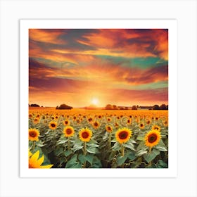 Hidden Alien , Sunflower Field At Sunset Art Print