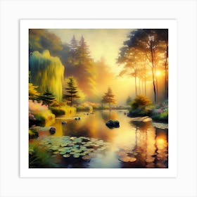 An Impressionist Style Watercolor Oil Painting Of A Tranquil Pond 3 Art Print