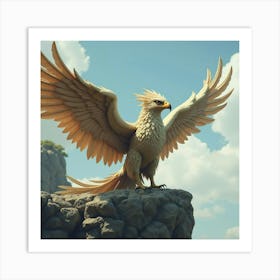 Mythical Griffin Perched On A Rocky Ledge With Its Wings Spread Wide 1 Art Print