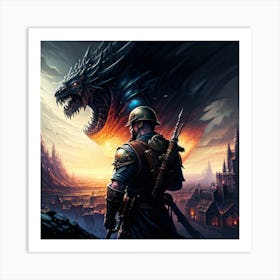 Warrior In Front Of A Dragon Art Print