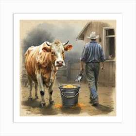 Cow And A Man Art Print