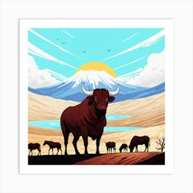 Bulls In The Desert 12 Art Print