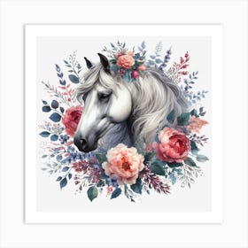 White Horse With Flowers 2 Art Print