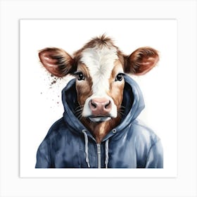 Watercolour Cartoon Cattle In A Hoodie 2 Art Print