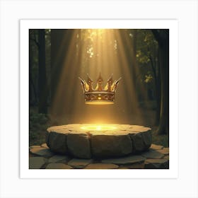 Golden Crown Floating Above An Ancient Stone Altar 1 Art Print