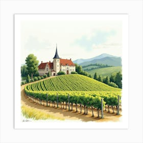 Watercolor Scene Of French Wine Country With Rolling Vineyards And Chateau 1 Art Print