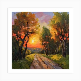 Forest Road at sunset Art Print