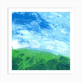 Landscape summer green blue square sky field hill meadow acrylic painting contemporary modern Art Print