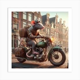 Steampunk Rat On A Motorcycle In The Center Of Amsterdam 2 Art Print