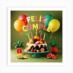 Feliz cumple and Feliz cumpleaños sign means Happy Birthday in Spanish language, Birthday party celebration gift with birthday cake candle colorful balloons best congratulation over light background wall artFeliz Cumple 44 Art Print