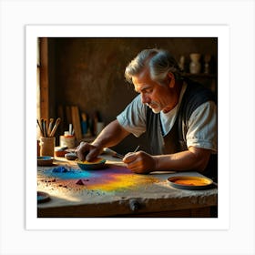 Old Man Working In A Pottery Studio Art Print