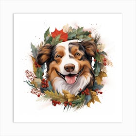 Australian Shepherd Christmas Wreath Art Print