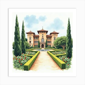 Watercolor View Of A Historic Spanish Palace With Lush Gardens Art Print