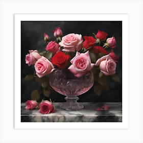 Glass Bowl of Pink and Red Rose Flowers 1 Art Print