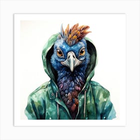 Watercolour Cartoon Peacock In A Hoodie Art Print