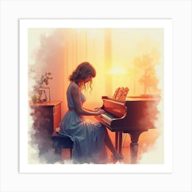 Taylor Swift At A Piano In Watercolor, Blending With Soft, Warm Sunset Hues Art Print