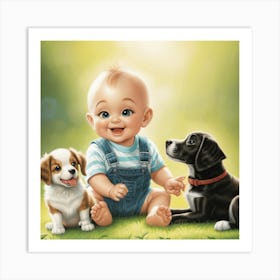 Baby And Dogs Art Print