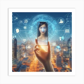 Woman Holding Up A Smartphone Art Print