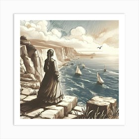 A Sketch Of A Woman Standing On A Cliff Looking At The Sea In A Fancy Art Style 2 Art Print