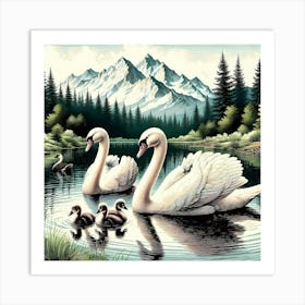 Swan Family in Mountain Lake Color Painting - Wild Bird Artwork 172 Art Print