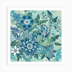 Batik, Blue Floral Pattern Art Print