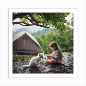 Little Girl With Cat In The Rain Art Print