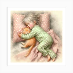 Little Girl Sleeping With Cat Art Print