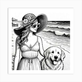 Line Art lady with a dog on the beach 4 Art Print