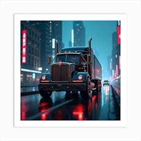 High Tech Autonomous Truck Driving In Futuristic City With Neon Lights 1 Art Print