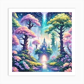 A Fantasy Forest With Twinkling Stars In Pastel Tone Square Composition 79 Art Print