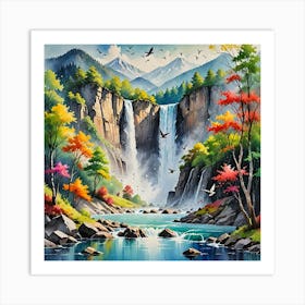 Water Colored Painting Water Color Spray Landscape Mountain Waterfall Birds Fly Vibrant Color Illust 1851560310 Art Print