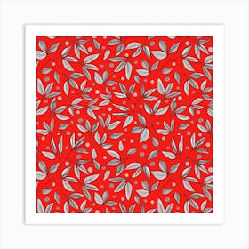 Floral Branches Gray On Red Art Print