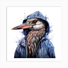 Watercolour Cartoon Heron In A Hoodie 2 Art Print