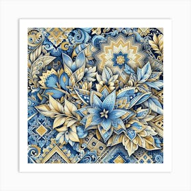 Batik, Blue And Gold Floral Pattern Art Print