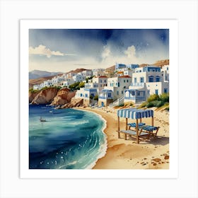 Watercolor Of A Greek Village.Summer on a Greek island. Sea. Sand beach. White houses. Blue roofs. The beauty of the place. Watercolor. 1 Art Print