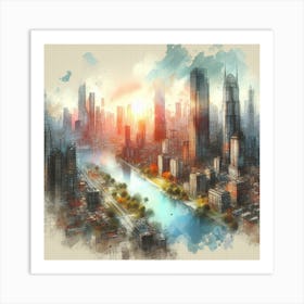 Chicago Cityscape Watercolor Painting Art Print