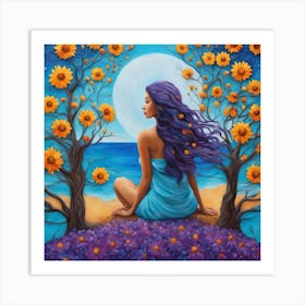 Moon And Sunflowers Art Print