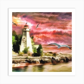 Lighthouse At Sunset 1 Art Print