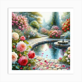 Rose Garden With The Fountain, Acrylic Style Painting 22 Art Print