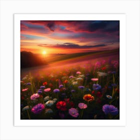 Sunset With Flowers Art Print