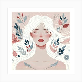 Beautiful Woman With Flowers And Leaves Art Print