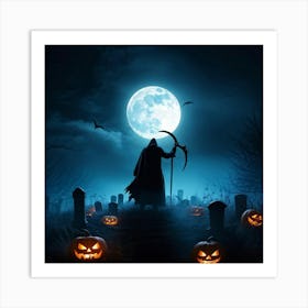 Reaper Silhouette Scythe Raised Against A Backdrop Of A Full Moon On Halloween Night With Wisps O (1) Art Print