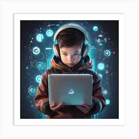 Young Boy Using A Laptop 2 Art Print