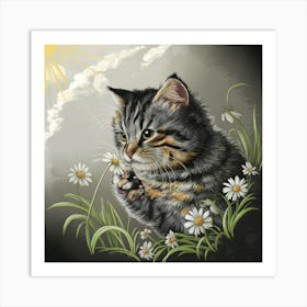 Spring Whimsy A Playful Tabby Cat And A Vibrant Daisy (3) Art Print