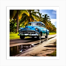 Car Grass Cuba Classic Car Road Communication Lamp Small Headlamp Caribbean Havana Blue (1) Art Print