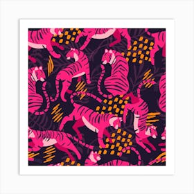 Vibrant Pink Tigers On Dark Purple Pattern Square Art Print