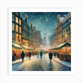 Amsterdam cafes, winter season, Christmas, autumn oil colors, pale colors, pedestrians in the street, winter clothes, falling snow.7 Affiche