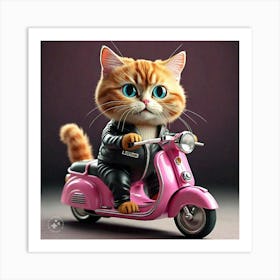 Ginger Cat Riding Pink Scooter 1 Art Print