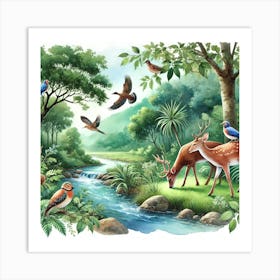 Wildlife Watercolor Scene Printed Art A Beautiful Watercolor Illustration Of Wildlife In Their Natural Habitat, Perfect For Bringing A Touch Of Nature’S Beauty To Any Space Printed Art Art Print