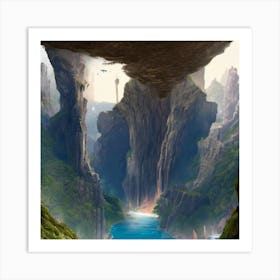 Serene Cliff A Fantasy Landscape With Towering Mountains Art Print